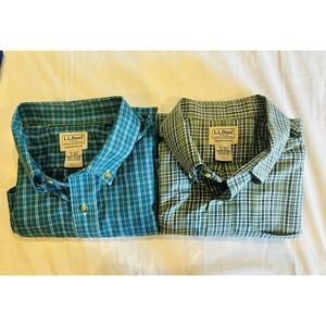 LL Bean Mens XL Traditional Fit Plaid Blue White Short Sleeve Shirts